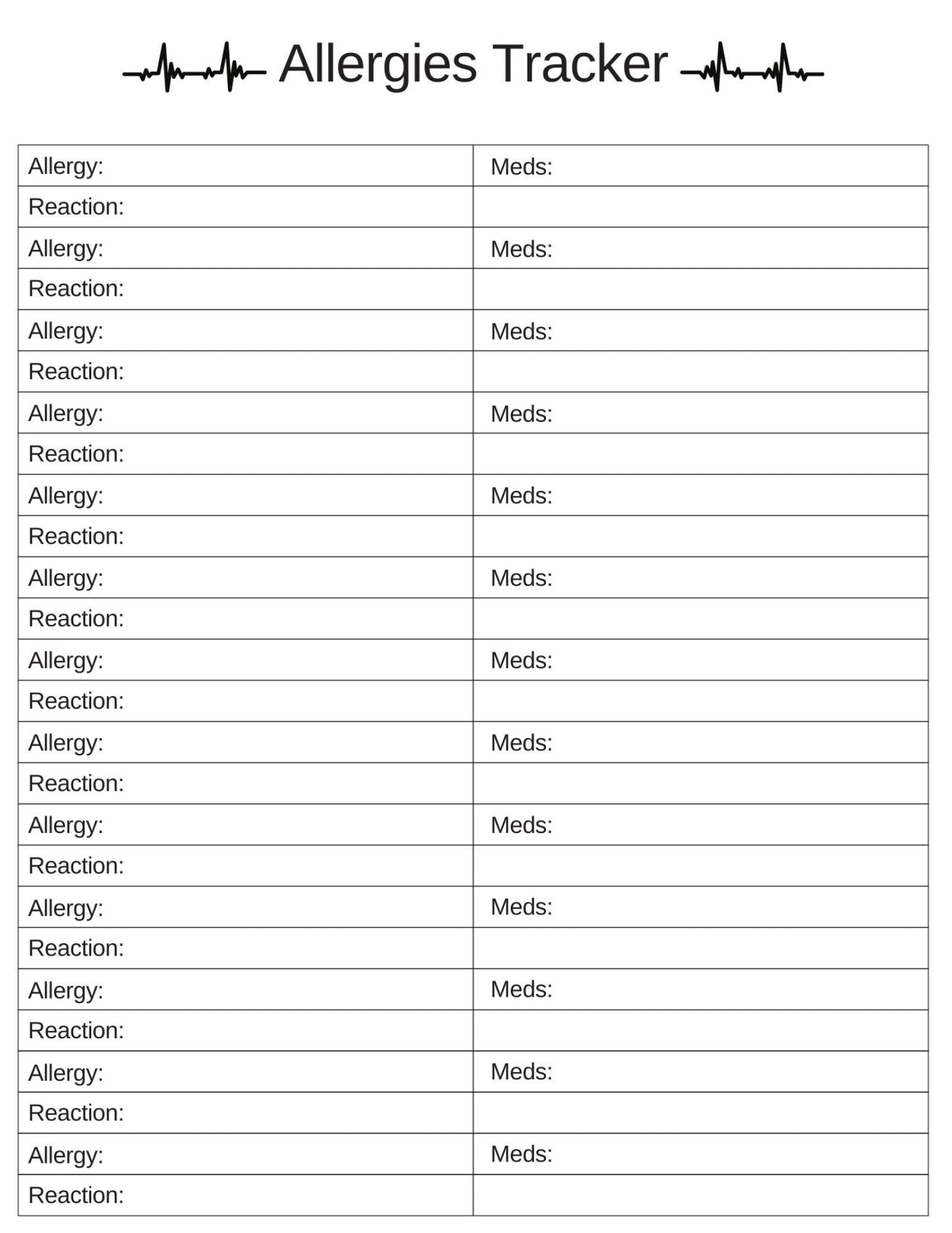 Allergies Tracker Sheet