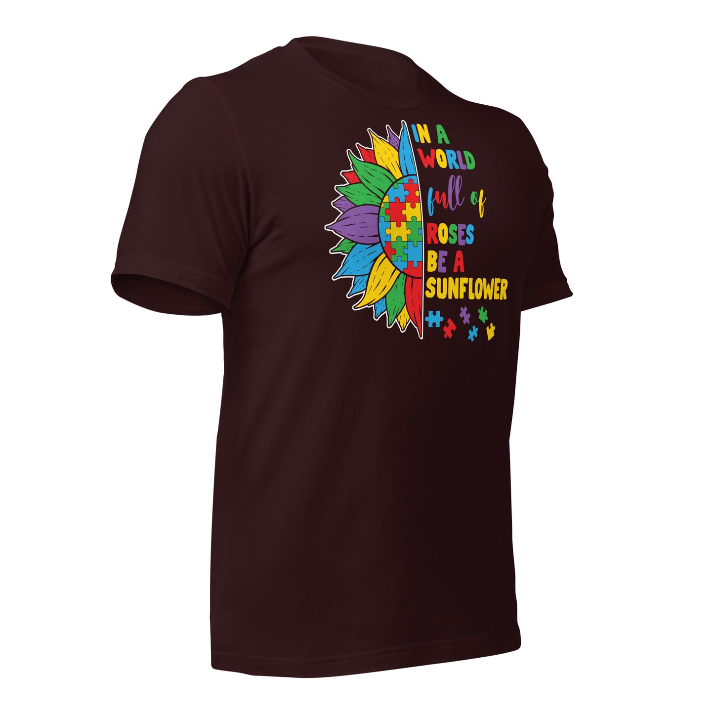 In a World Full of Roses Be a Sunflower Autism Acceptance Quality Cotton Bella Canvas Adult T-Shirt