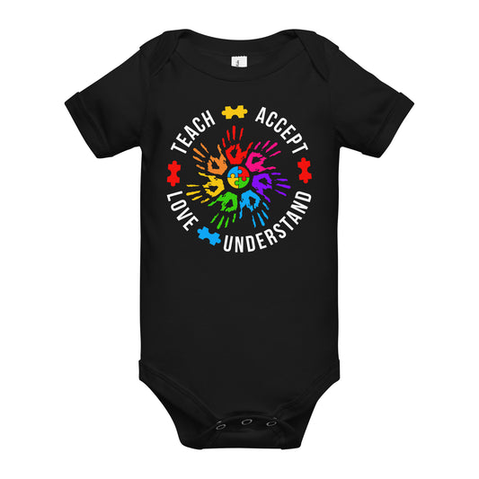 Teach Accept Understand Love Autism Bella Canvas Baby Onesie