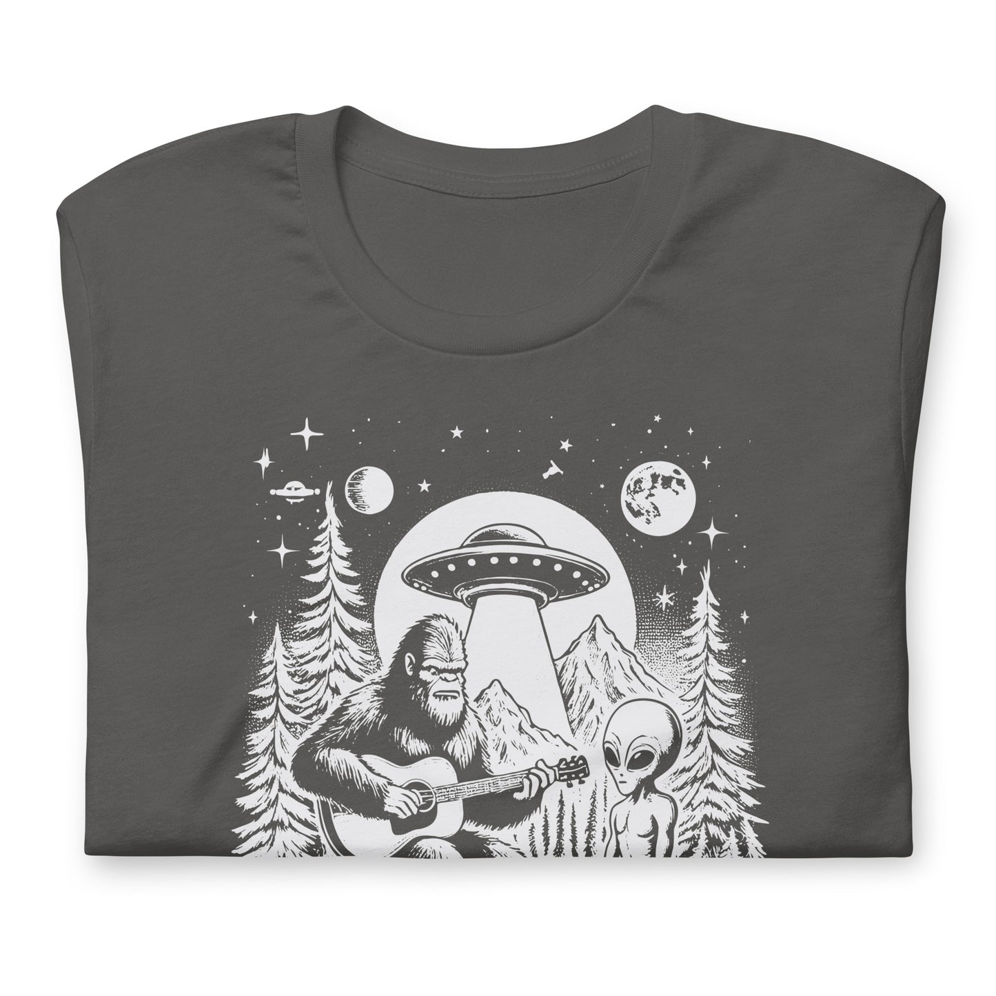 Bigfoot and Alien Playing Guitar Bella Canvas Adult T-Shirt