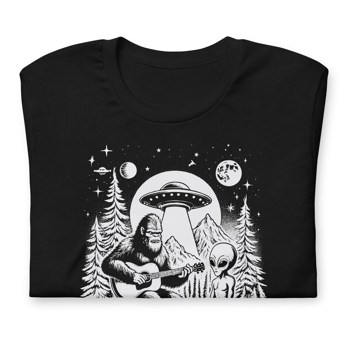 Bigfoot and Alien Playing Guitar Bella Canvas Adult T-Shirt