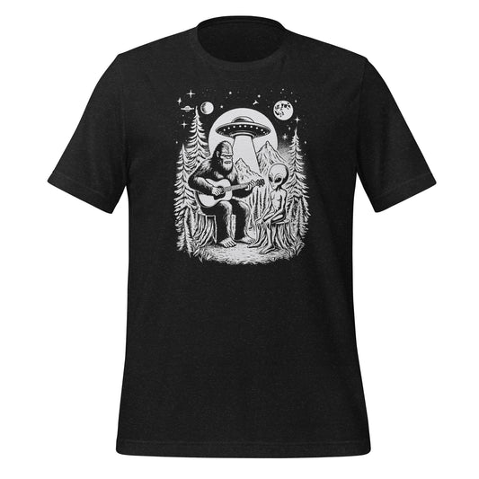 Bigfoot and Alien Playing Guitar Bella Canvas Adult T-Shirt