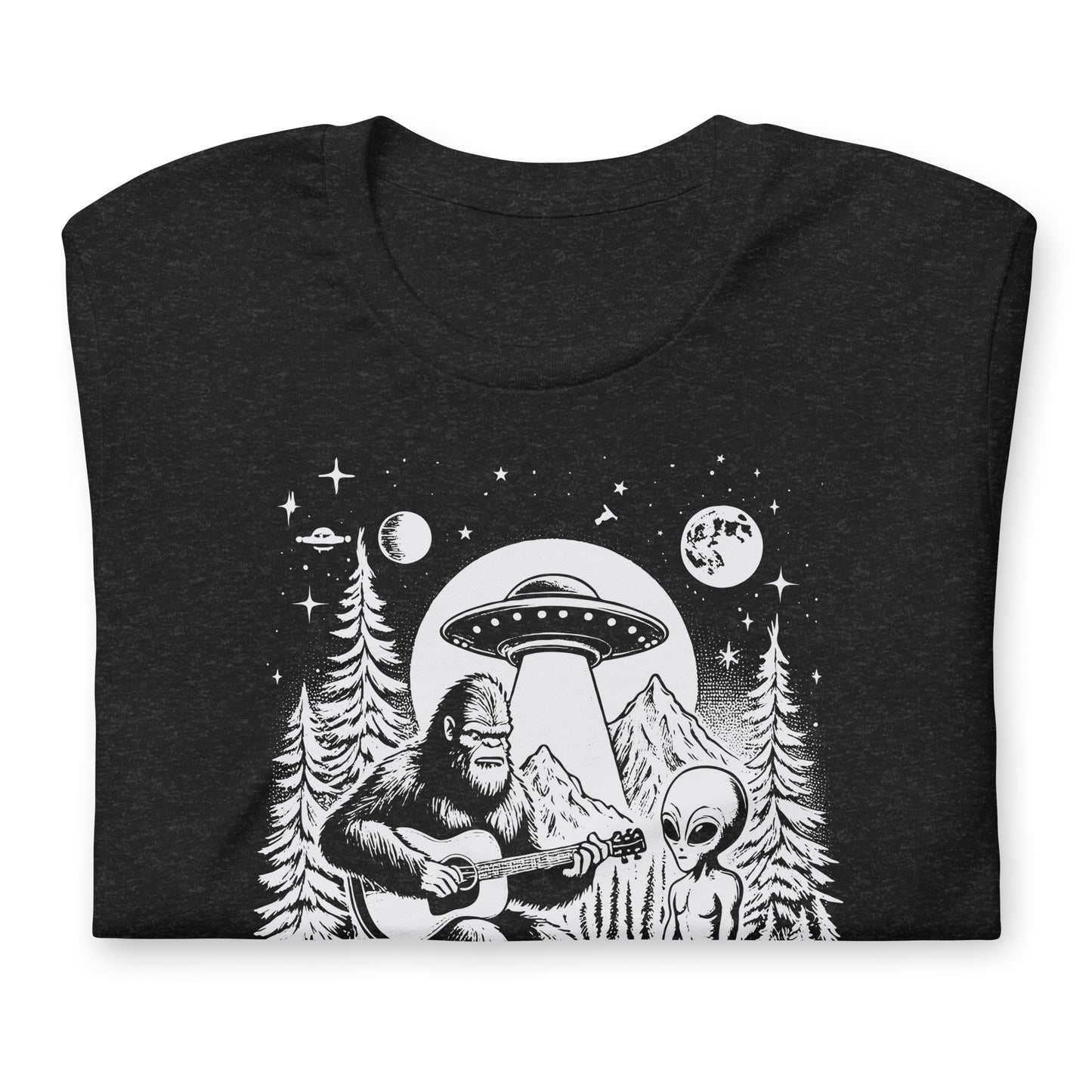 Bigfoot and Alien Playing Guitar Bella Canvas Adult T-Shirt