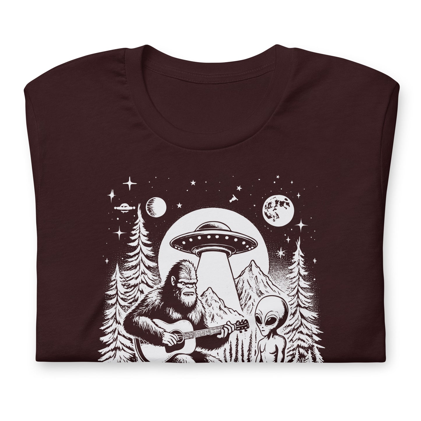 Bigfoot and Alien Playing Guitar Bella Canvas Adult T-Shirt