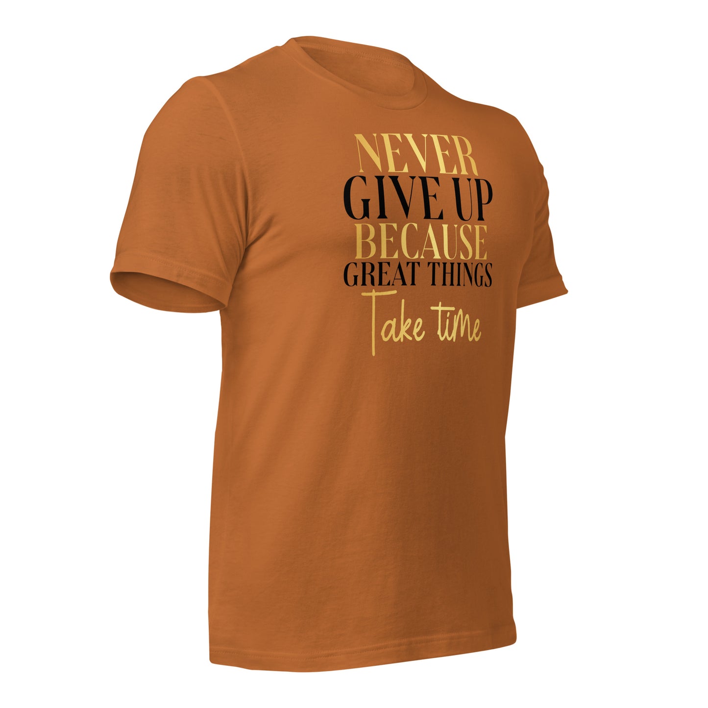 Never Give Up, Great Things Take Time Quality Cotton Bella Canvas Adult T-Shirt