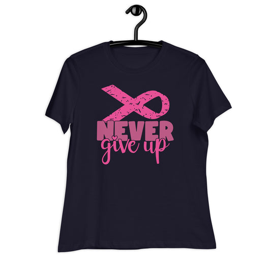 Never Give Up Breast Cancer Awareness Ribbon Bella Canvas Relaxed Women's T-Shirt